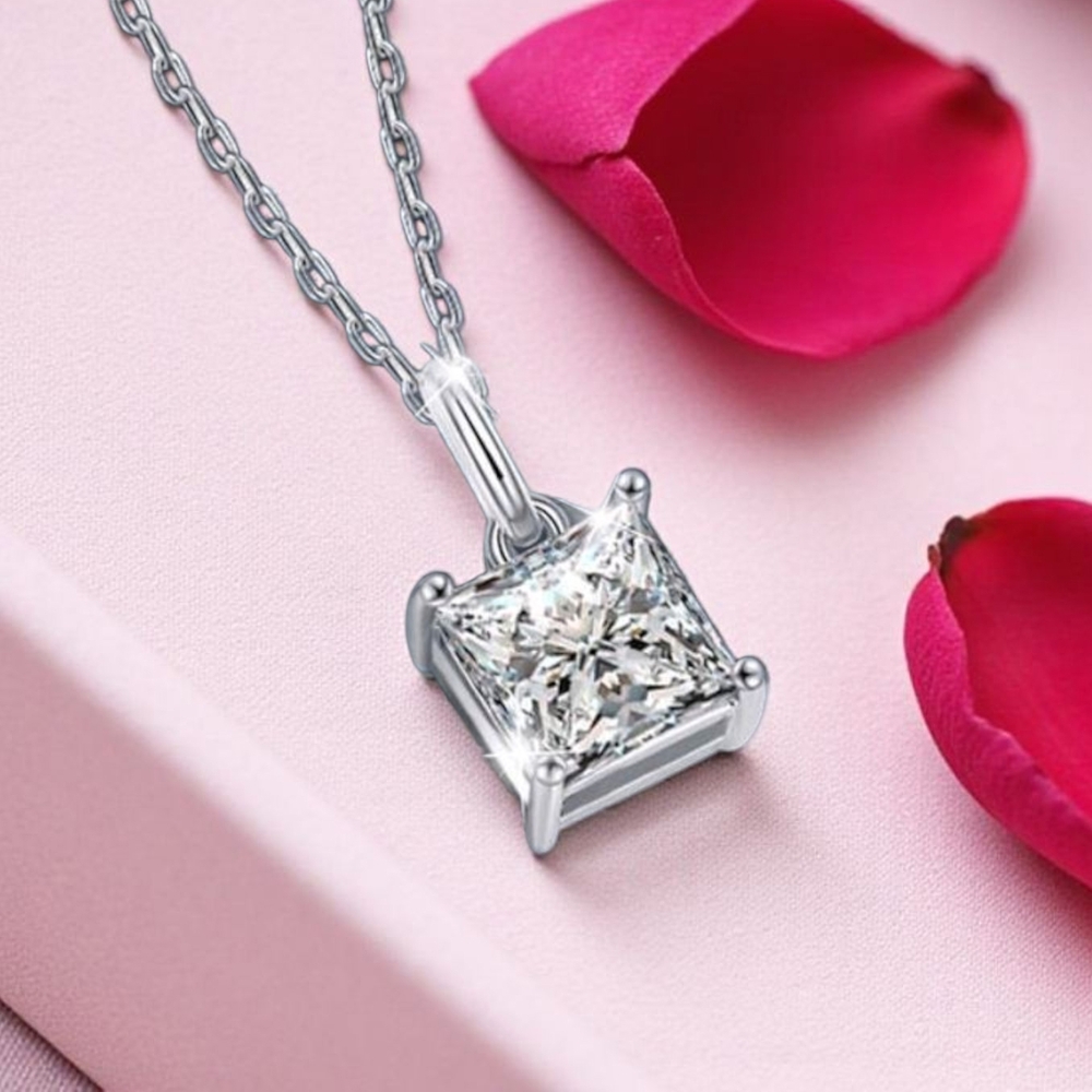 Moissanite 1.2 CT Princess Cut Solitaire Pendant Necklace - Picture 3 of 10
